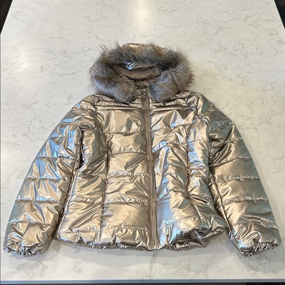 Puffer Jacket Winter Women Warm Quilted Bubble Fur Hood Coat Medium Gold Shimmer - Picture 6 of 16